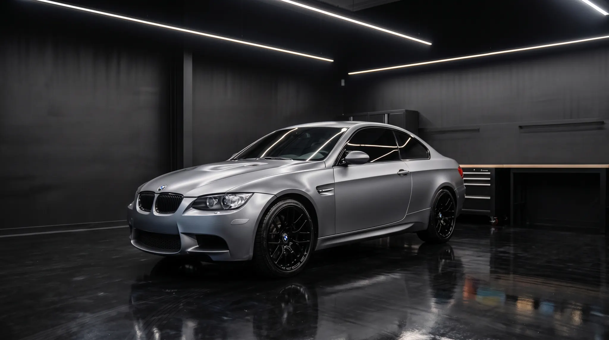 Satijn-grijs gewrapte sportcoupé in donkere studio